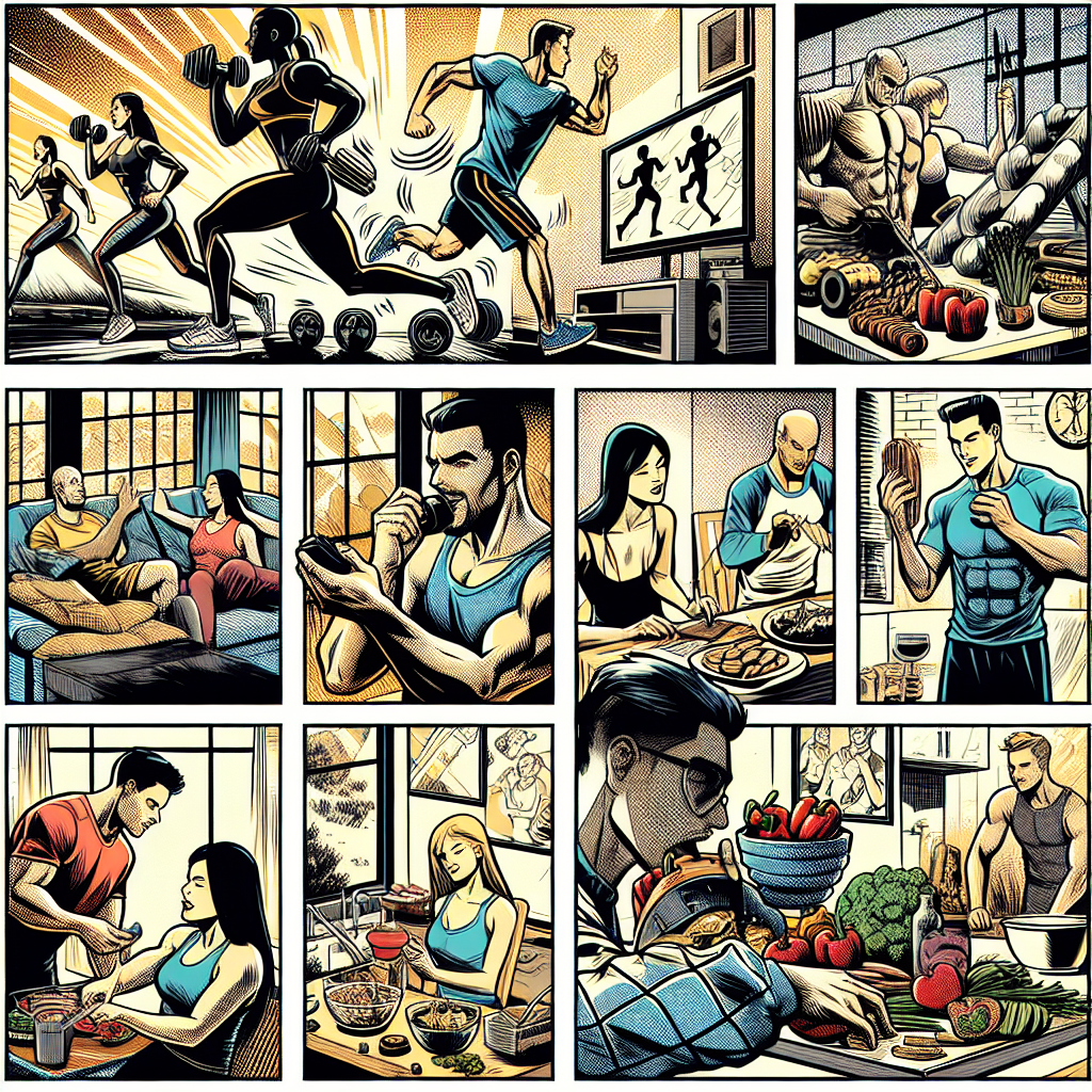 1990년대 미국 코믹북 잉크 스타일로 건강 루틴을 실천하는 인물들이 집이나 체육관에서 운동하고 건강식을 준비하며 휴식하는 장면을 표현한 그림