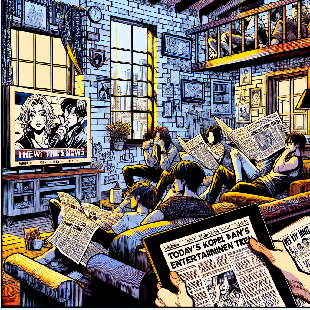 1990년대 미국 만화책 잉크 스타일의 일러스트로, 아침 뉴스 시청 또는 오늘 한국 연예 트렌드를 토론하는 인물들이 아늑한 거실에서 대화하는 장면을 묘사한 그림