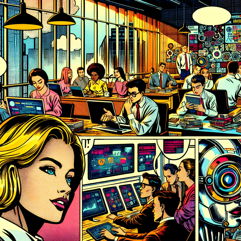 1990년대 미국 만화책 잉크 스타일 일러스트로, 현대 사무실이나 학교에서 컴퓨터와 태블릿, 기술 기기를 사용하며 AI와 IT 기술 동향에 대해 토론하는 인물들이 역동적인 구도와 강렬한 잉크 윤곽선, 교차 음영, 극적인 조명 아래 표현된 모습
