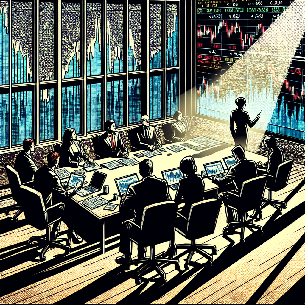 1990년대 미국 만화책 잉크 스타일로 그려진 증권 차트를 검토하고 비즈니스 거래를 진행하며 시장 뉴스에 대해 논의하는 인물들의 모습