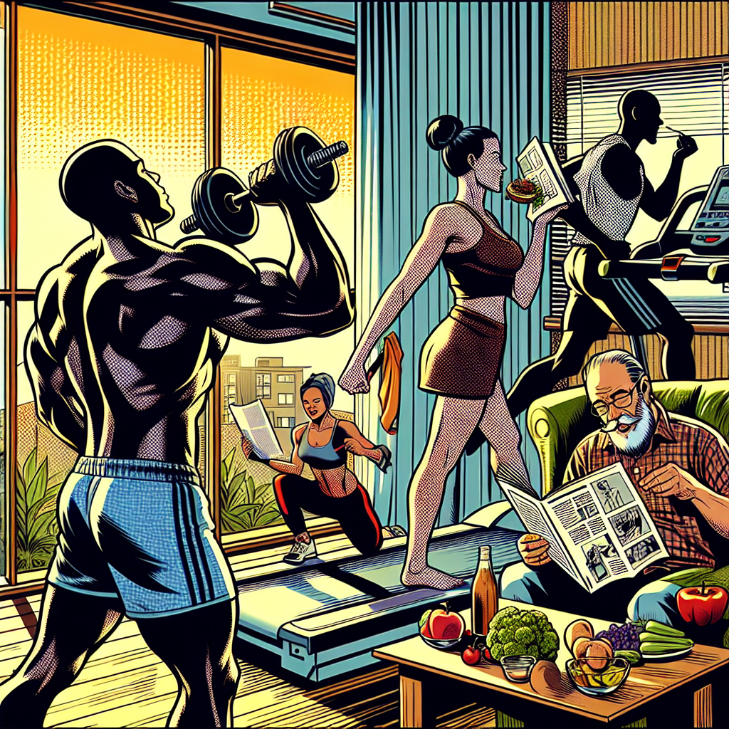 1990년대 미국 만화책 잉크 스타일 일러스트로, 건강 루틴을 실천하는 인물들이 집이나 체육관에서 운동하거나 건강한 음식을 준비하는 장면을 표현한 그림