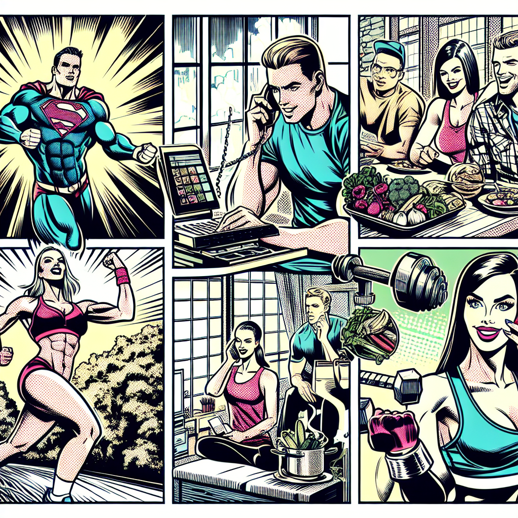 Illustration in 1990s American comic-book ink style depicting characters practicing a health routine by exercising or preparing healthy food at home or in a gym