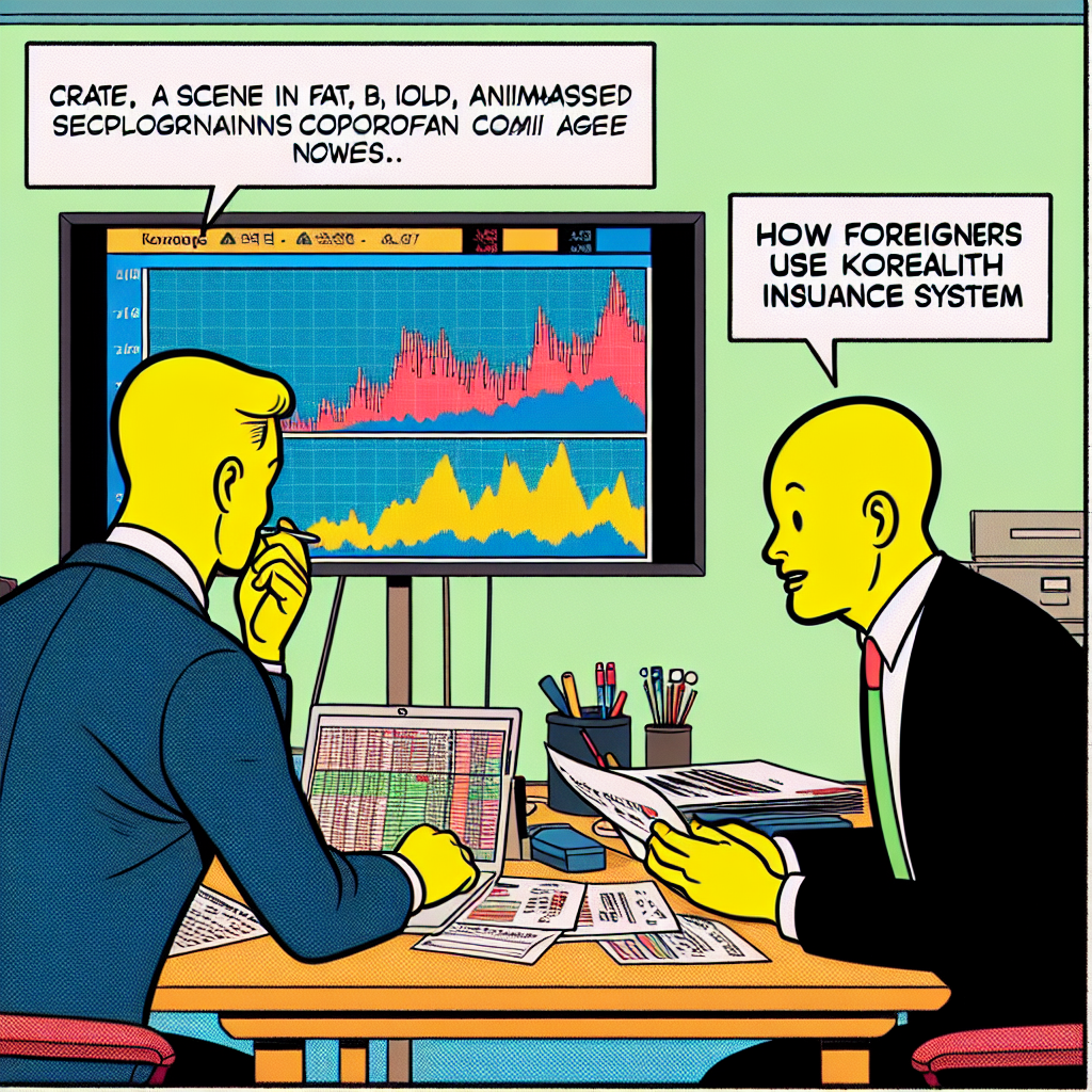 Simpsons family characters in a Springfield office looking at stock charts and discussing how foreigners use Korea's health insurance system in a Simpsons-style illustration