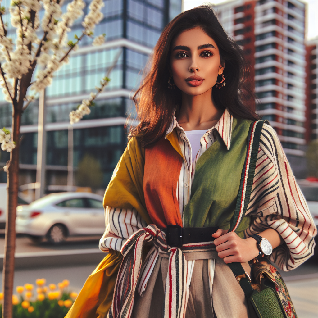 2026년 봄 여자 유행 스타일을 입은 현대적인 여성의 아침 출근길 모습