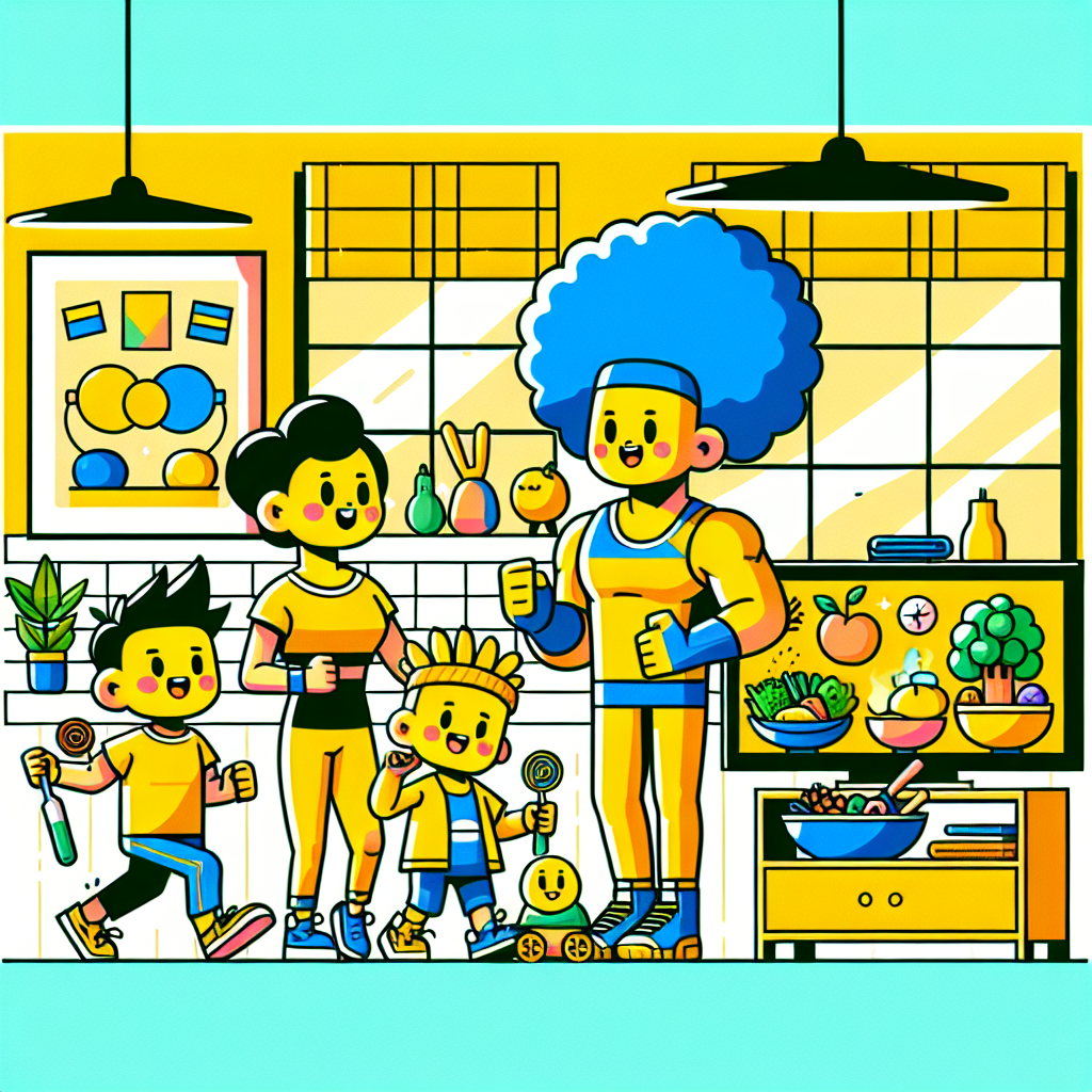 심슨 가족 캐릭터들이 스프링필드 집이나 체육관에서 건강 루틴을 실천하며 운동하거나 건강한 음식을 준비하는 심슨 스타일 일러스트