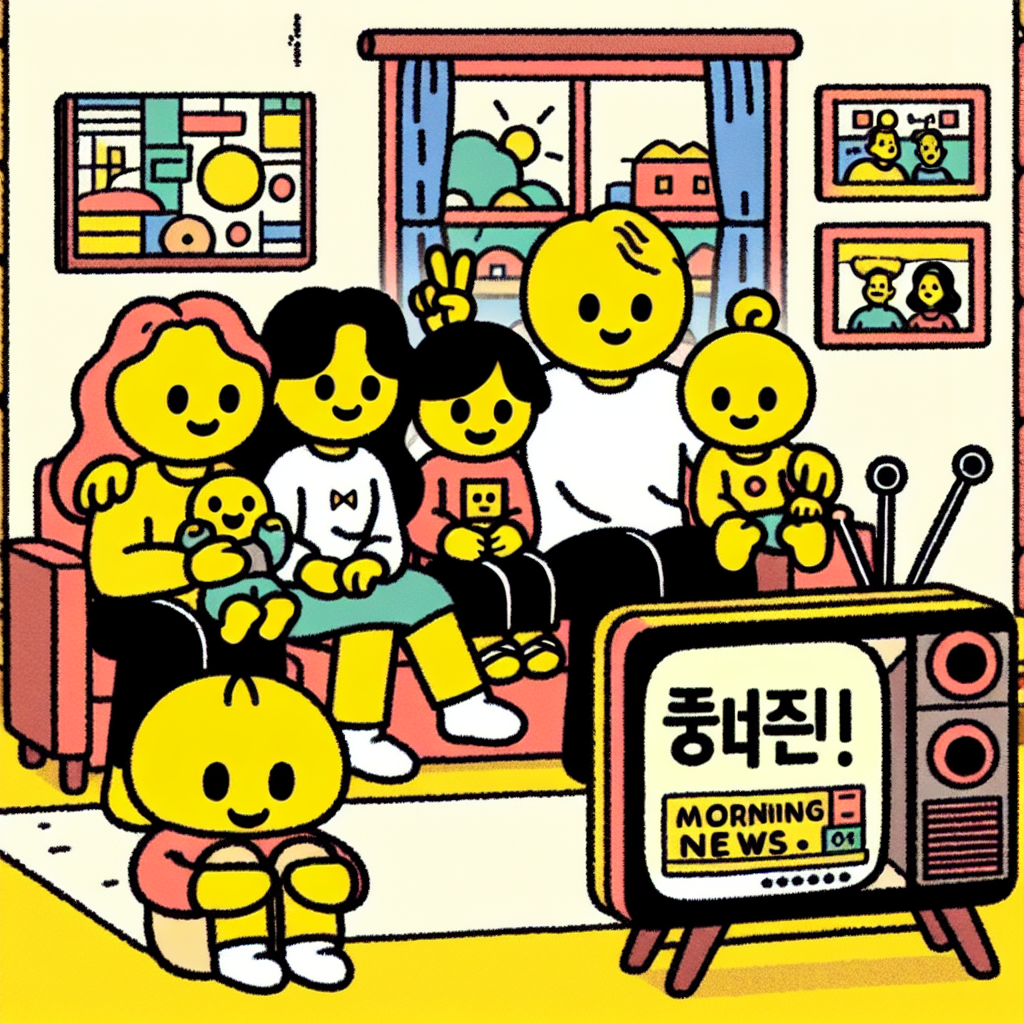 심슨 가족이 스프링필드 거실에서 아침 뉴스를 보며 '오늘 트렌드'에 대해 이야기하는 심슨 스타일 일러스트