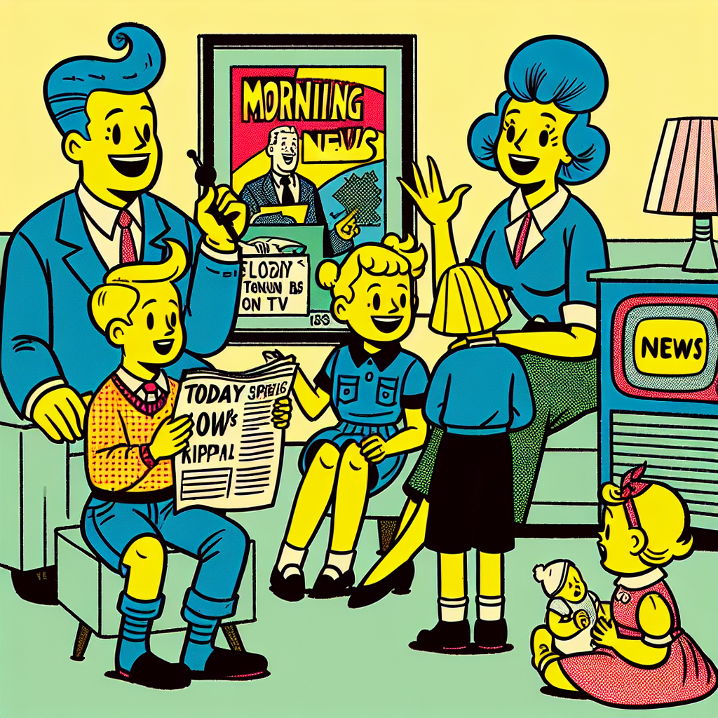Simpsons-style illustration of the Simpson family watching the morning news in the Springfield living room, discussing 'Today's Trends'