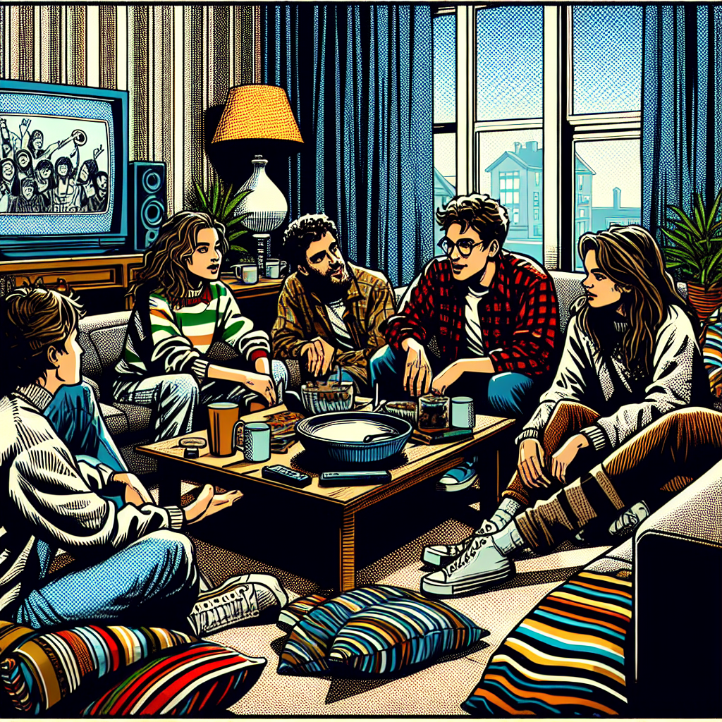 Illustration in the style of 1990s American comic-book ink, depicting characters watching morning news or discussing today's trends in a cozy living room. Features bold and strong ink outlines, cross-hatching, dramatic shadows, and dynamic composition with K pop keyword naturally included.