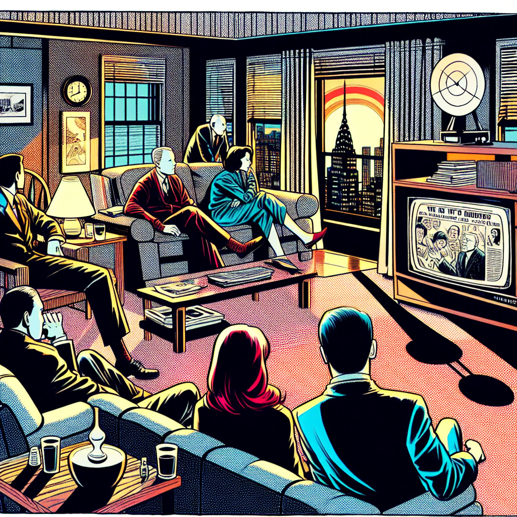 1990년대 미국 만화책 잉크 스타일로 그려진 아침 뉴스 시청과 오늘 한국 연예 트렌드를 토론하는 인물들이 있는 아늑한 거실 장면의 일러스트레이션