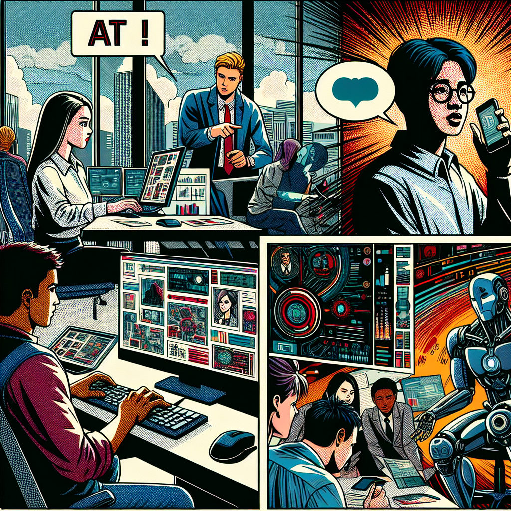 1990년대 미국 만화책 잉크 스타일로 그려진 현대 사무실에서 컴퓨터와 태블릿을 사용하며 AI와 IT 기술 동향에 대해 활발히 토론하는 인물들의 모습