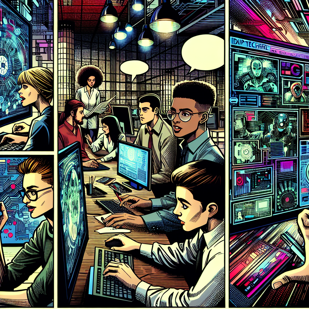 Characters actively discussing AI and IT technology trends while using computers and tablets in a modern office, illustrated in 1990s American comic-book ink style