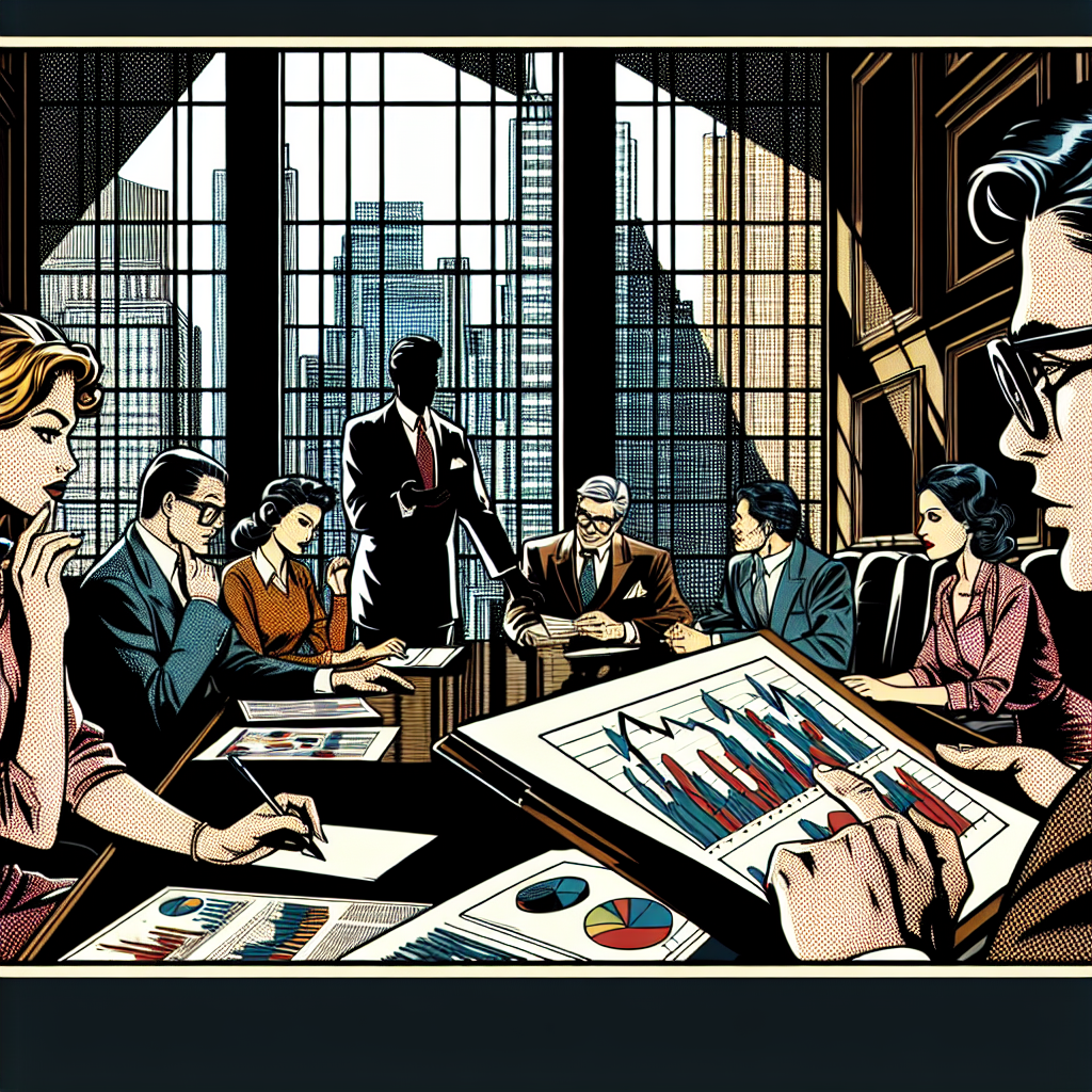 1990년대 미국 만화책 잉크 스타일 일러스트로, 사무실이나 이사회실에서 주식 차트를 검토하고 비즈니스 협상을 하며 시장 핵심 요약에 대해 논의하는 인물들의 자신감 있는 모습과 극적인 그림자 표현