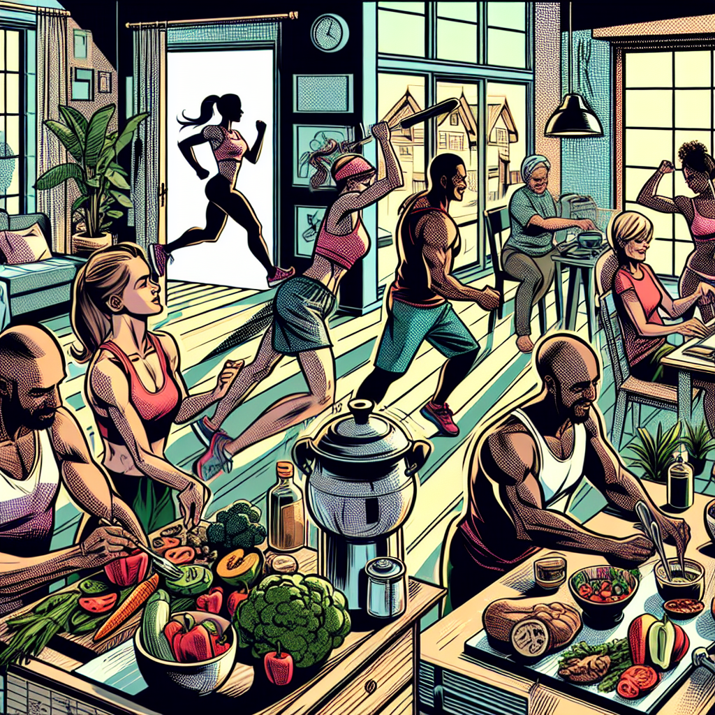 1990년대 미국 만화책 잉크 스타일의 일러스트로, 집이나 체육관에서 건강 루틴을 실천하며 운동하거나 건강식을 준비하는 인물들의 역동적이고 강렬한 그림