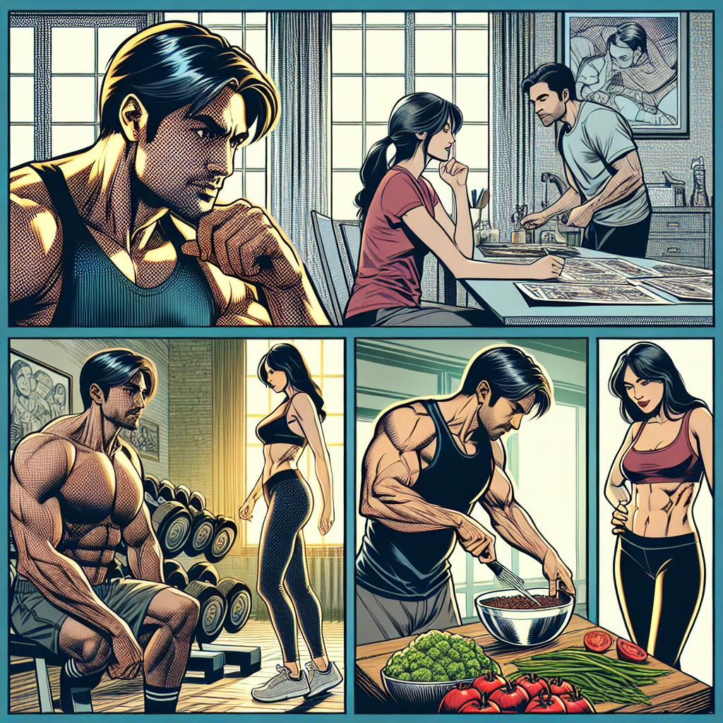 Dynamic and bold illustration in 1990s American comic-book ink style showing people exercising or preparing healthy meals while practicing a health routine at home or in a gym