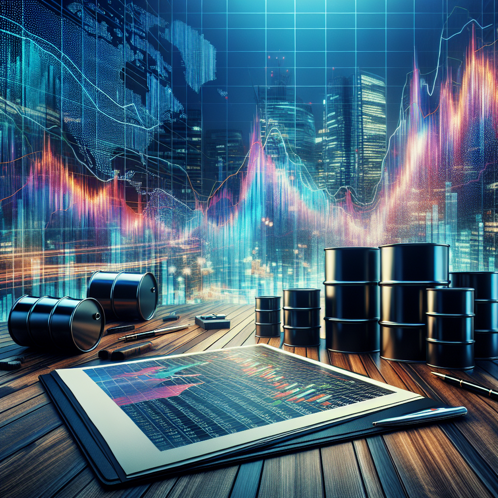 주식시장 그래프와 원유 배럴, 감사보고서가 함께 보이는 금융 시장 이미지