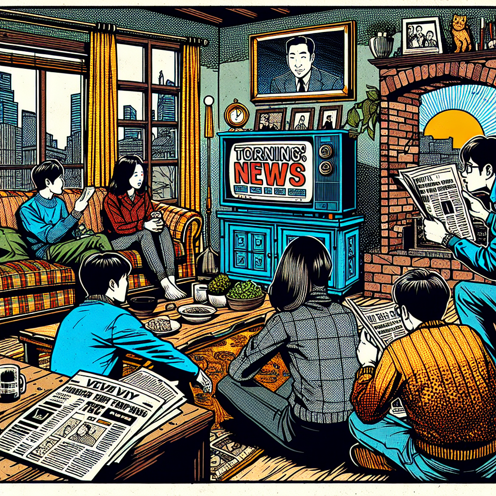 1990년대 미국 만화책 잉크 스타일 일러스트로, 아침 뉴스 시청 및 오늘 한국 연예 트렌드에 대해 토론하는 인물들이 아늑한 거실에서 표현된 장면