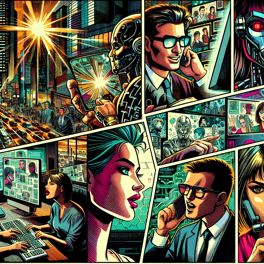 1990년대 미국 만화책 잉크 스타일로 그려진 일러스트, 현대 사무실이나 학교에서 컴퓨터와 태블릿을 사용하며 AI와 기술에 대해 토론하는 인물들의 역동적이고 표현력 있는 모습