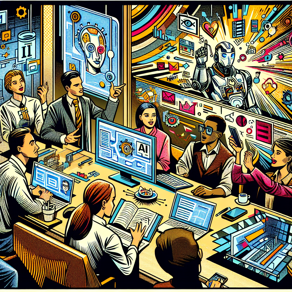 Illustration in 1990s American comic-book ink style showing dynamic and expressive characters using computers and tablets discussing AI and technology in a modern office or school