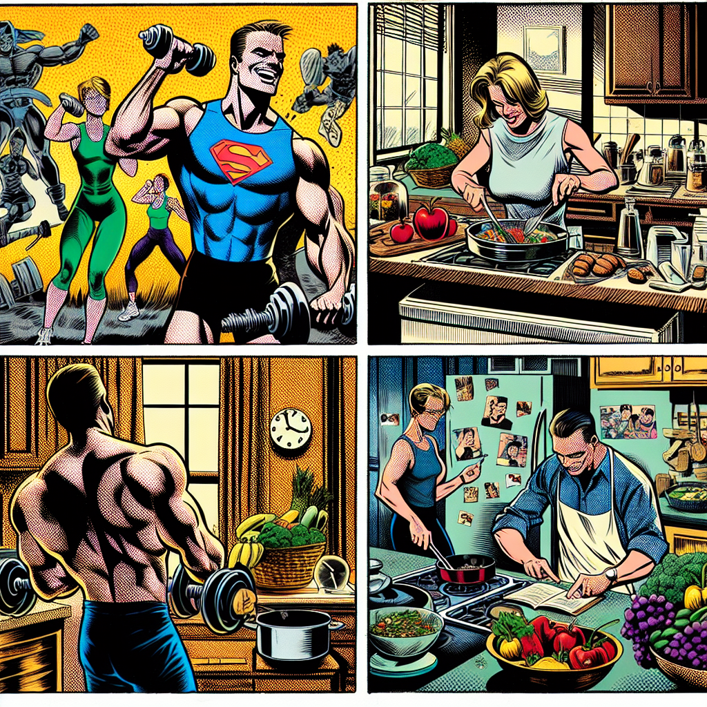 1990년대 미국 만화책 잉크 스타일 일러스트: 집이나 체육관에서 건강 루틴을 실천하는 인물들이 운동하고 건강한 음식을 준비하는 장면