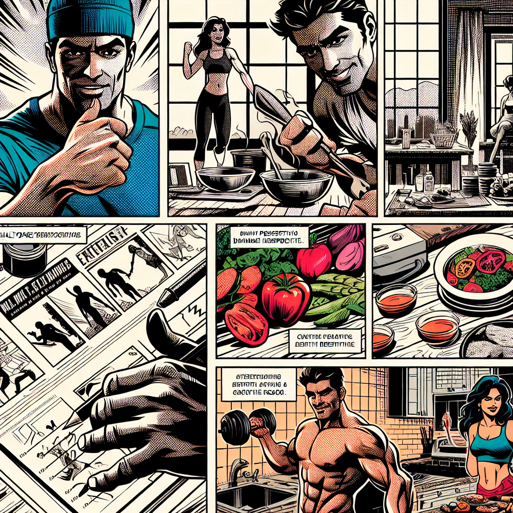 1990s American comic-book ink style illustration: scenes of people exercising and preparing healthy food while practicing a health routine at home or in a gym