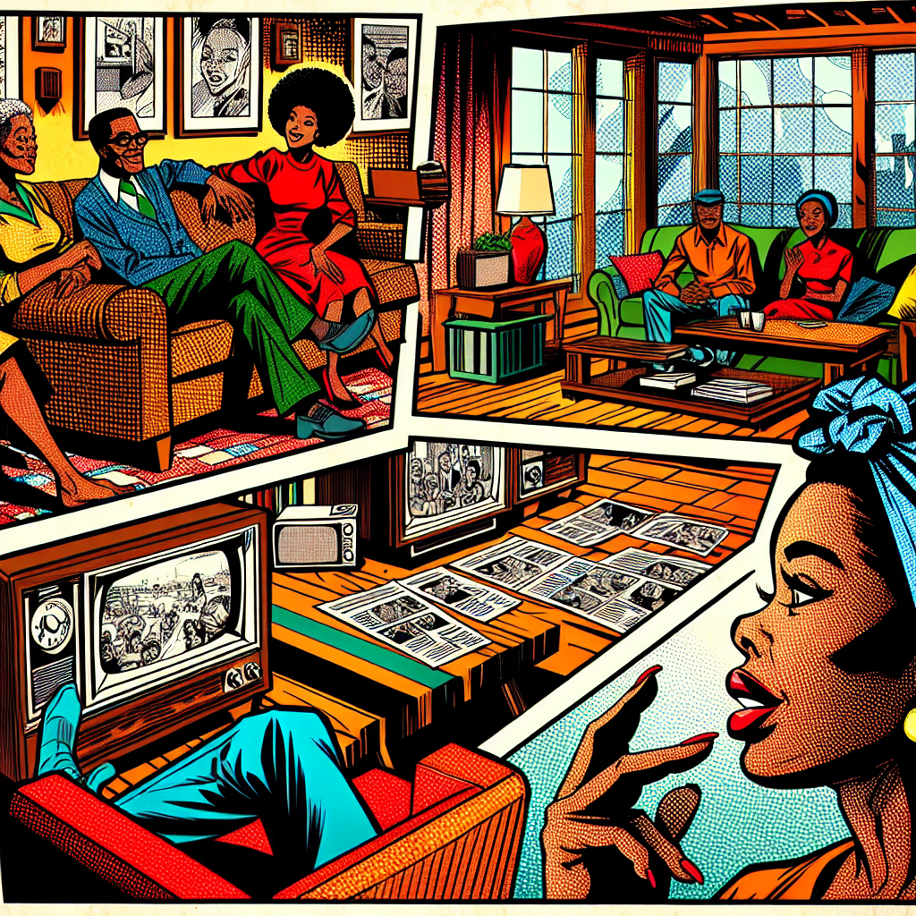 1990년대 미국 만화책 잉크 스타일 일러스트로 아침 뉴스 시청하며 오늘 한국 연예 트렌드를 토론하는 인물들, 강한 잉크 윤곽과 교차 음영, 역동적 구도, 생생한 표정 묘사