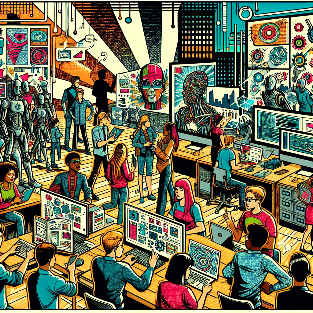 1990년대 미국 만화책 잉크 스타일 일러스트: 현대 사무실 또는 학교에서 컴퓨터, 태블릿, 기술 기기를 사용하며 AI와 IT 기술 동향에 대해 토론하는 인물들의 역동적인 모습과 미래지향적 UI 요소가 포함된 장면