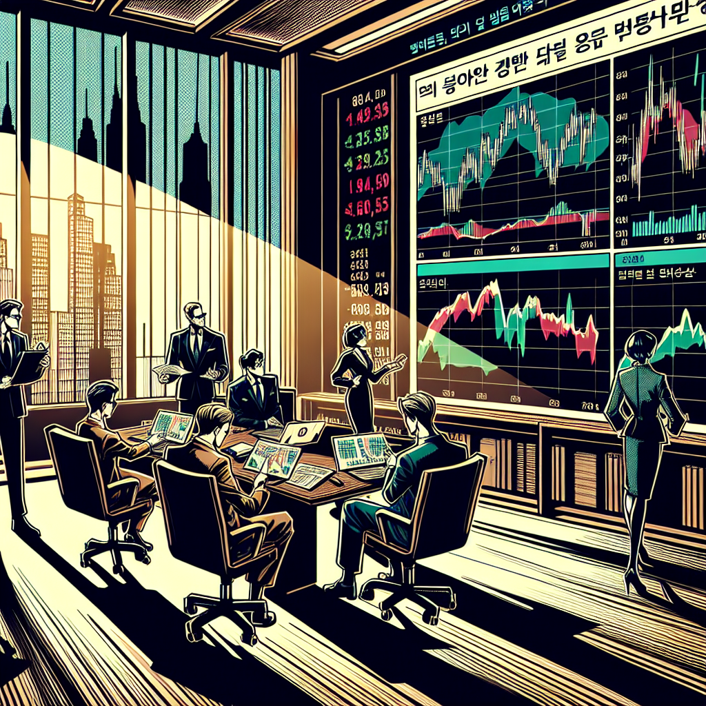 1990년대 미국 만화책 잉크 스타일로 그려진 일러스트, 주식 차트를 검토하고 사업 거래를 하거나 시장 뉴스를 논의하는 인물들이 사무실이나 이사회실에 모여 있는 장면