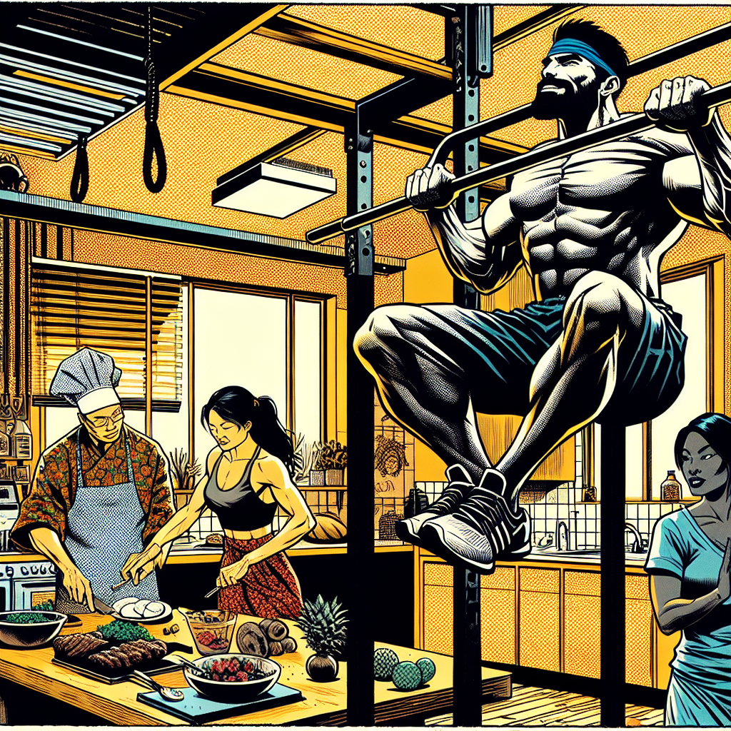 1990년대 미국 만화책 잉크 스타일로 그려진 건강 루틴을 실천하는 인물들의 모습, 운동과 건강식 요리, 웰빙 루틴을 따르는 장면을 동적이고 강렬한 잉크 선과 그림자로 표현