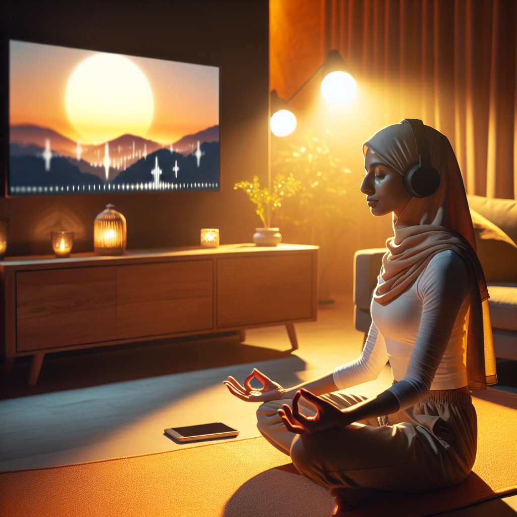 저녁 휴식 시간에 건강 루틴을 실천하는 모습, 명상과 가벼운 스트레칭, 무선 이어폰과 모니터를 활용하는 장면