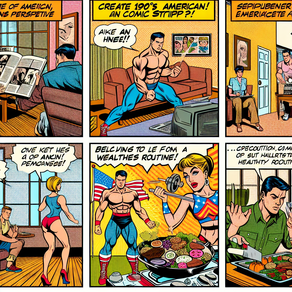 Figures practicing a health routine depicted in 1990s American comic book ink style, showing exercise, healthy cooking, and following a wellness routine with dynamic and bold ink lines and shadows