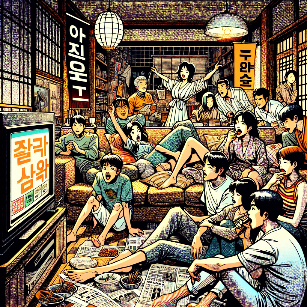 1990년대 미국 만화책 잉크 스타일로 그려진 일러스트. 아침 뉴스 시청과 오늘 한국 연예 트렌드에 대해 토론하는 인물들이 아늑한 거실에 모여 있는 장면.