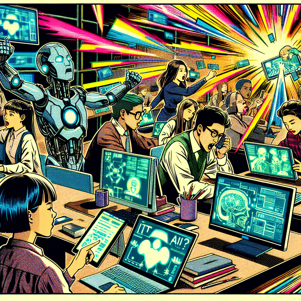 1990년대 미국 만화책 잉크 스타일로 그려진 장면. 현대 사무실이나 학교에서 컴퓨터, 태블릿, 기술 기기를 사용하는 인물들이 AI와 IT 기술 동향에 관해 토론하는 모습. 대담한 잉크 윤곽선과 교차 음영, 역동적인 구도, 채도 높은 색상과 인쇄 텍스처가 특징.