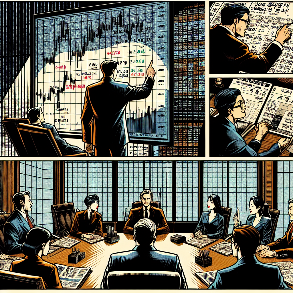 1990년대 미국 만화책 잉크 스타일로 그려진 증시 차트를 검토하고 비즈니스 거래를 하는 인물들의 모습. 고대비 그림자와 역동적 구도가 돋보이는 장면으로, '시장 핵심 요약' 주제를 자연스럽게 표현함.