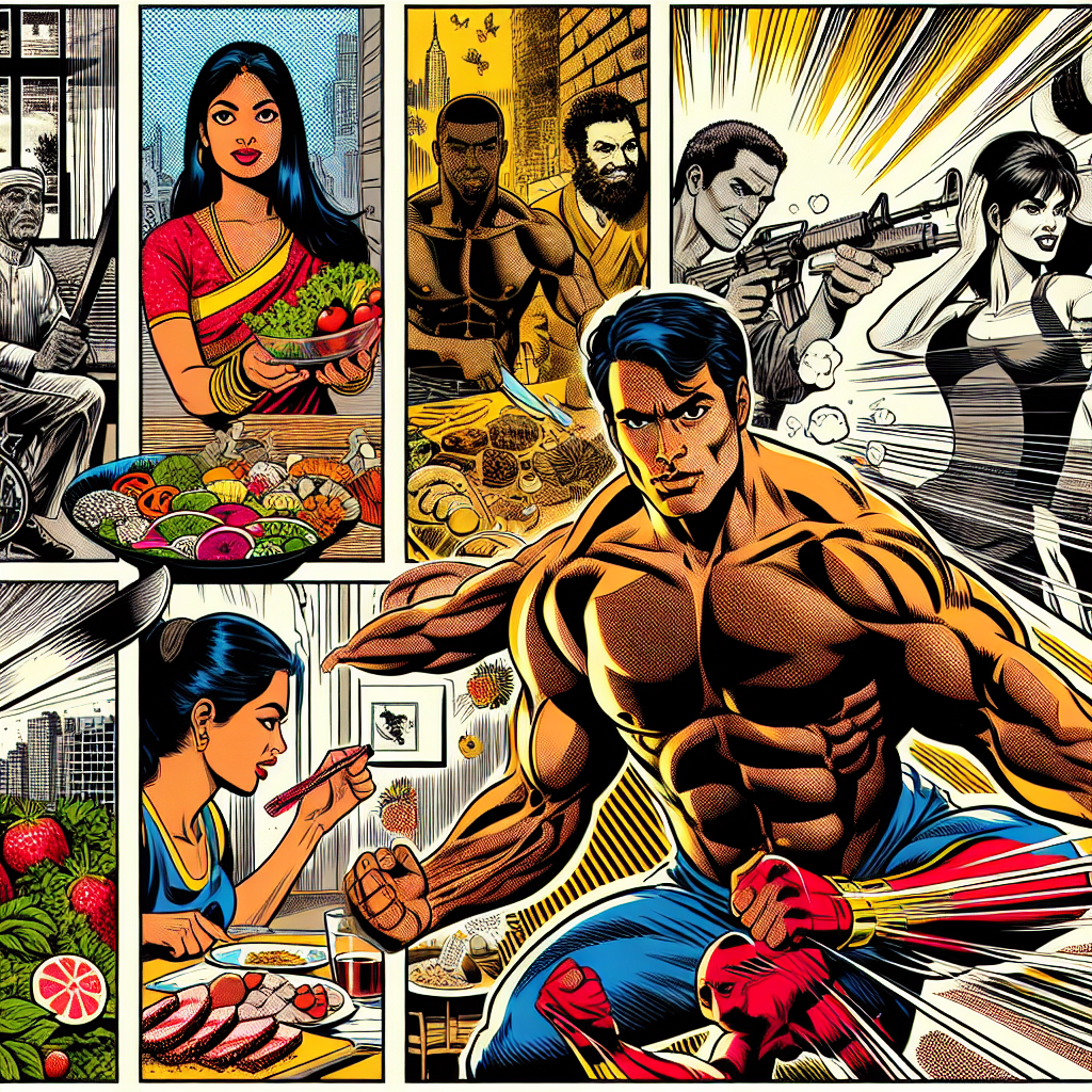 1990년대 미국 만화책 잉크 스타일 일러스트로, 집이나 체육관에서 건강 루틴을 실천하는 인물들이 운동하고 건강한 음식을 준비하며 웰빙 루틴을 따르는 장면을 묘사한 그림