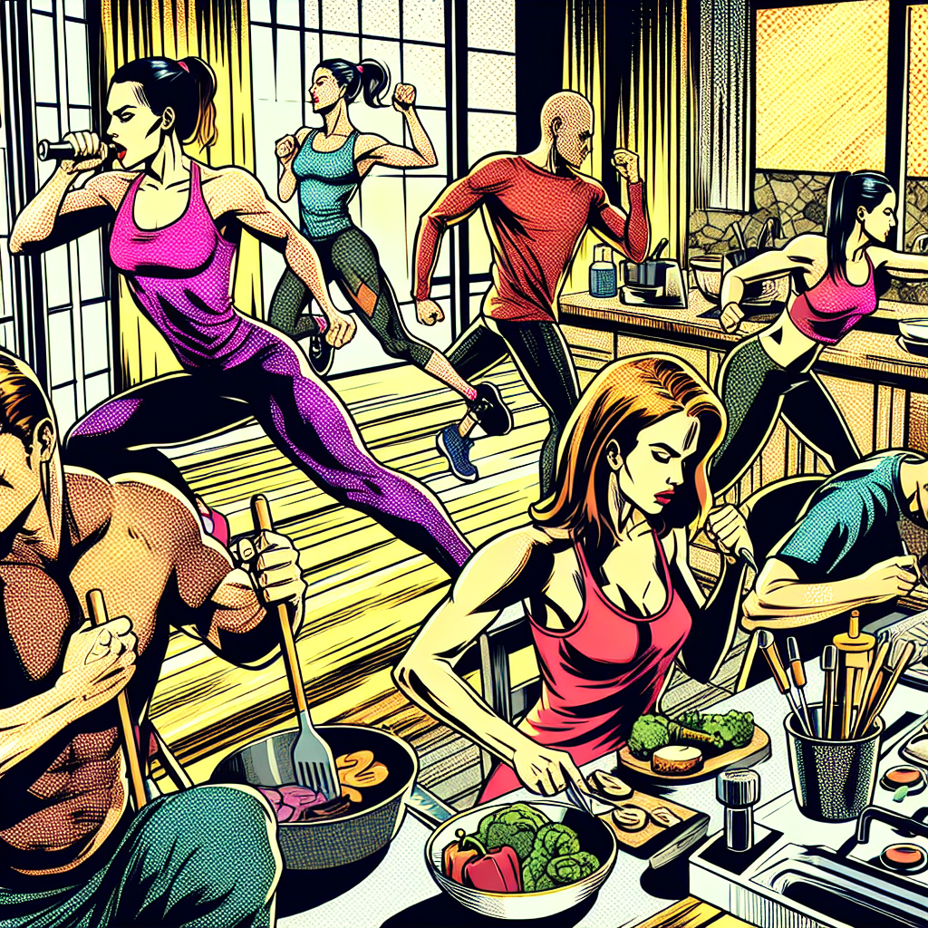Illustration in 1990s American comic-book ink style depicting characters exercising, preparing healthy food, and following a wellness routine at home or in a gym
