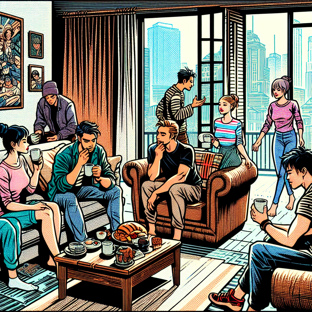 1990년대 미국 만화책 잉크 스타일 일러스트로 그려진 아침 뉴스 시청과 오늘 한국 연예 트렌드에 대해 토론하는 인물들의 생생한 표정과 역동적인 구도