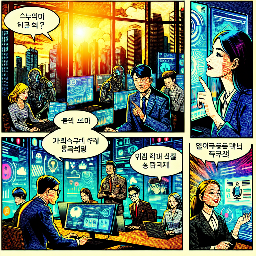 1990년대 미국 만화책 잉크 스타일 일러스트로, 현대 사무실이나 학교에서 컴퓨터와 태블릿, 기술 기기를 사용하며 AI와 IT 기술 동향에 대해 토론하는 인물들의 역동적인 모습과 미래지향적 UI 요소가 포함된 장면
