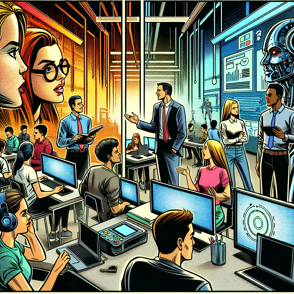 A dynamic scene in 1990s American comic-book ink style illustration showing characters using computers, tablets, and tech devices in a modern office or school, discussing AI and IT technology trends with futuristic UI elements.