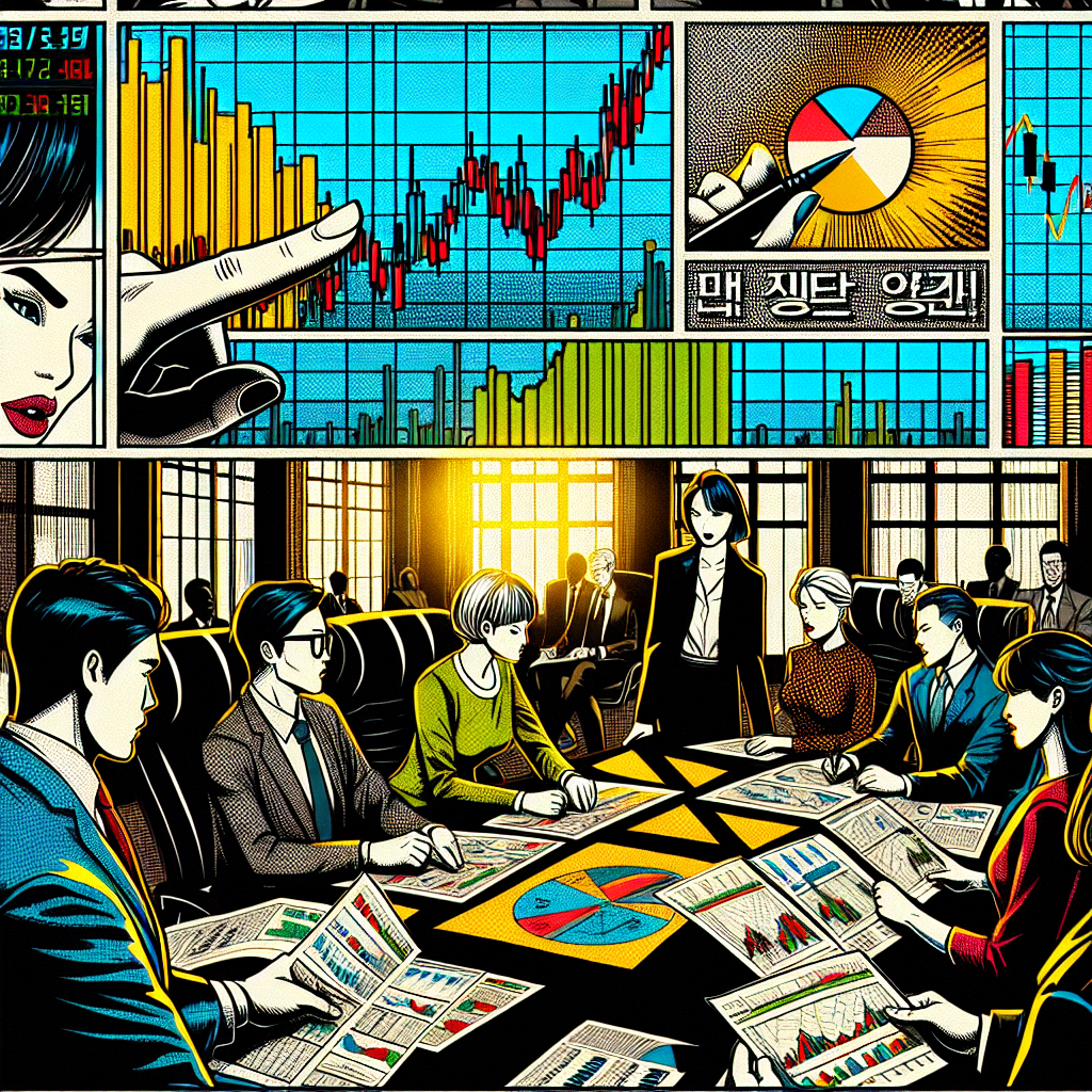 1990년대 미국 만화책 잉크 스타일로 그려진 증시 차트를 검토하고 비즈니스 거래를 논의하는 인물들의 모습