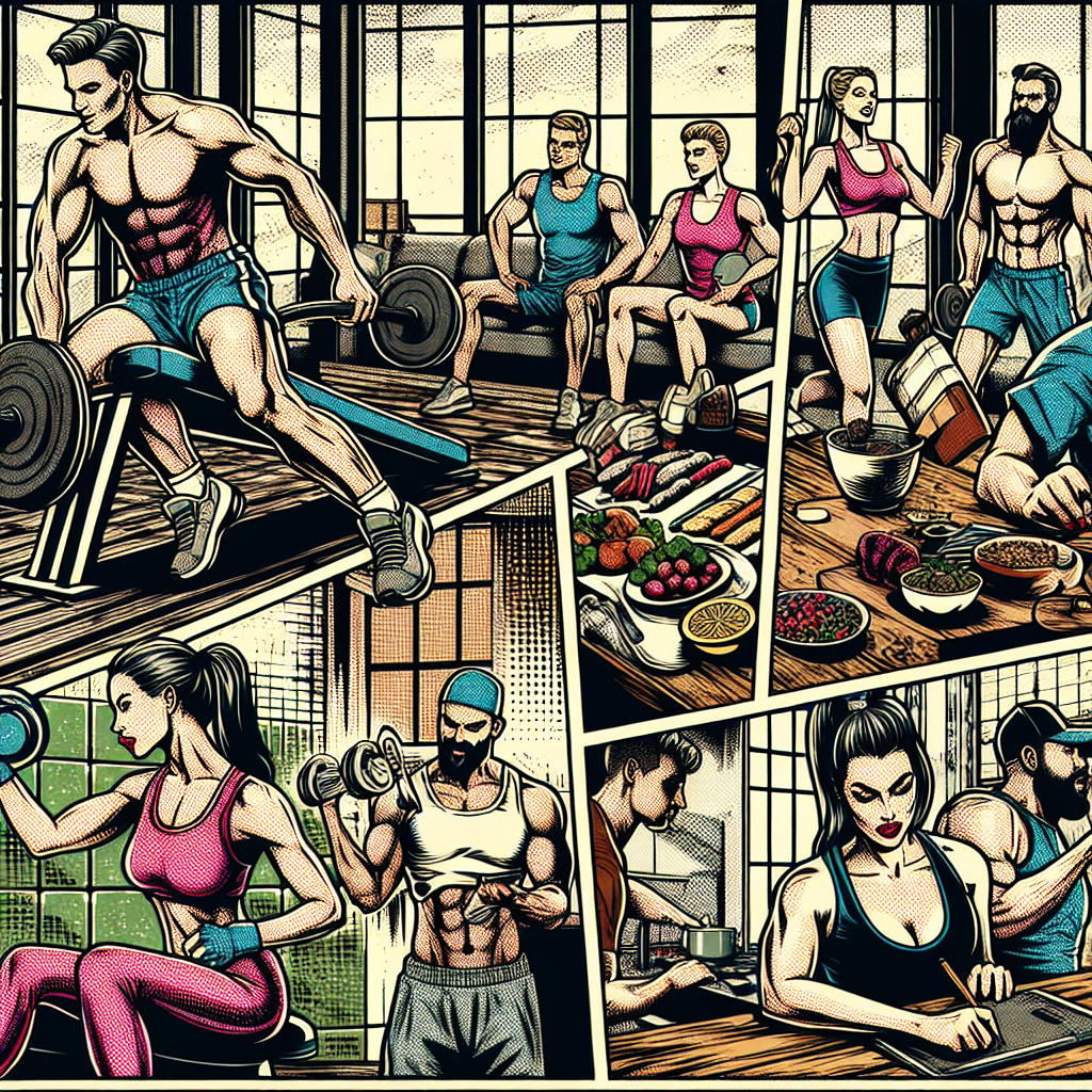 1990년대 미국 만화책 잉크 스타일로 그려진 건강 루틴을 실천하는 인물들이 집이나 체육관에서 운동하고 건강식을 준비하는 모습