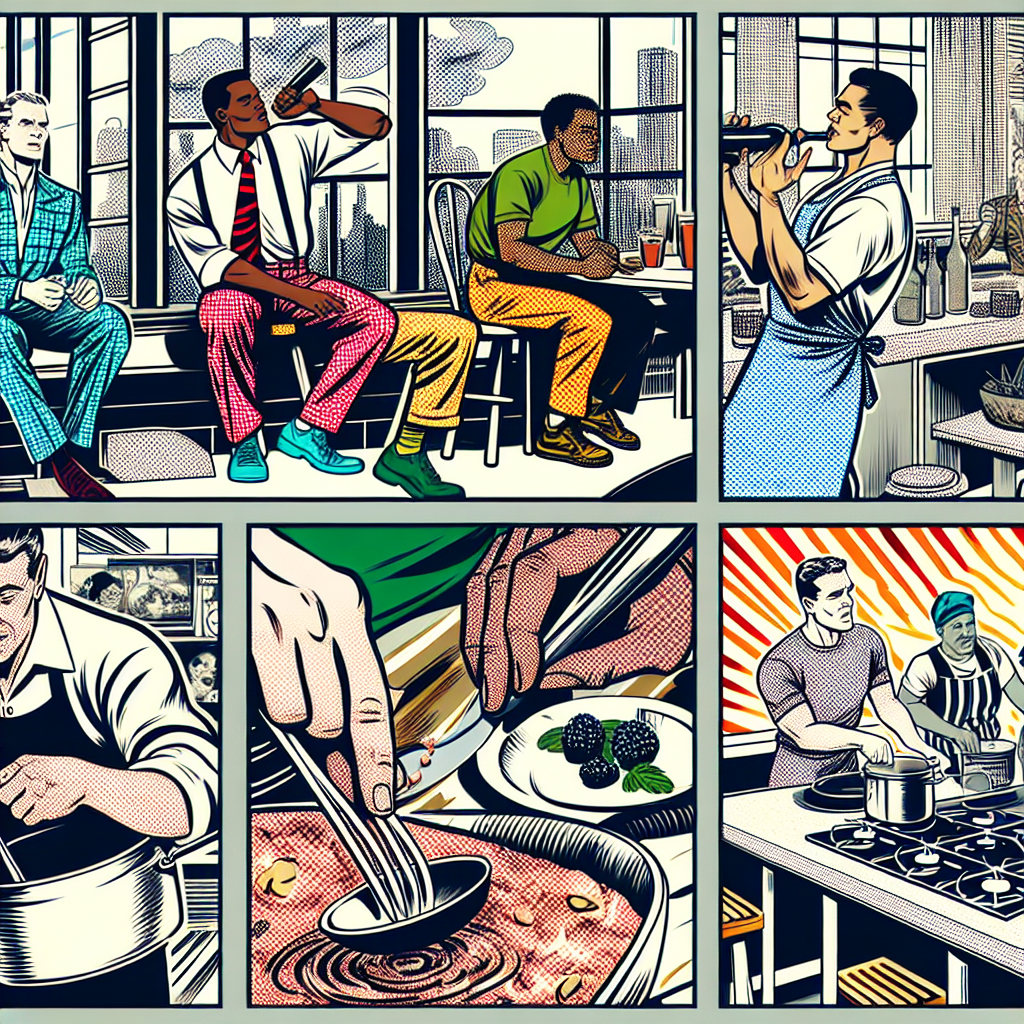 Characters practicing a health routine drawn in 1990s American comic-book ink style, exercising and preparing healthy meals at home or in a gym
