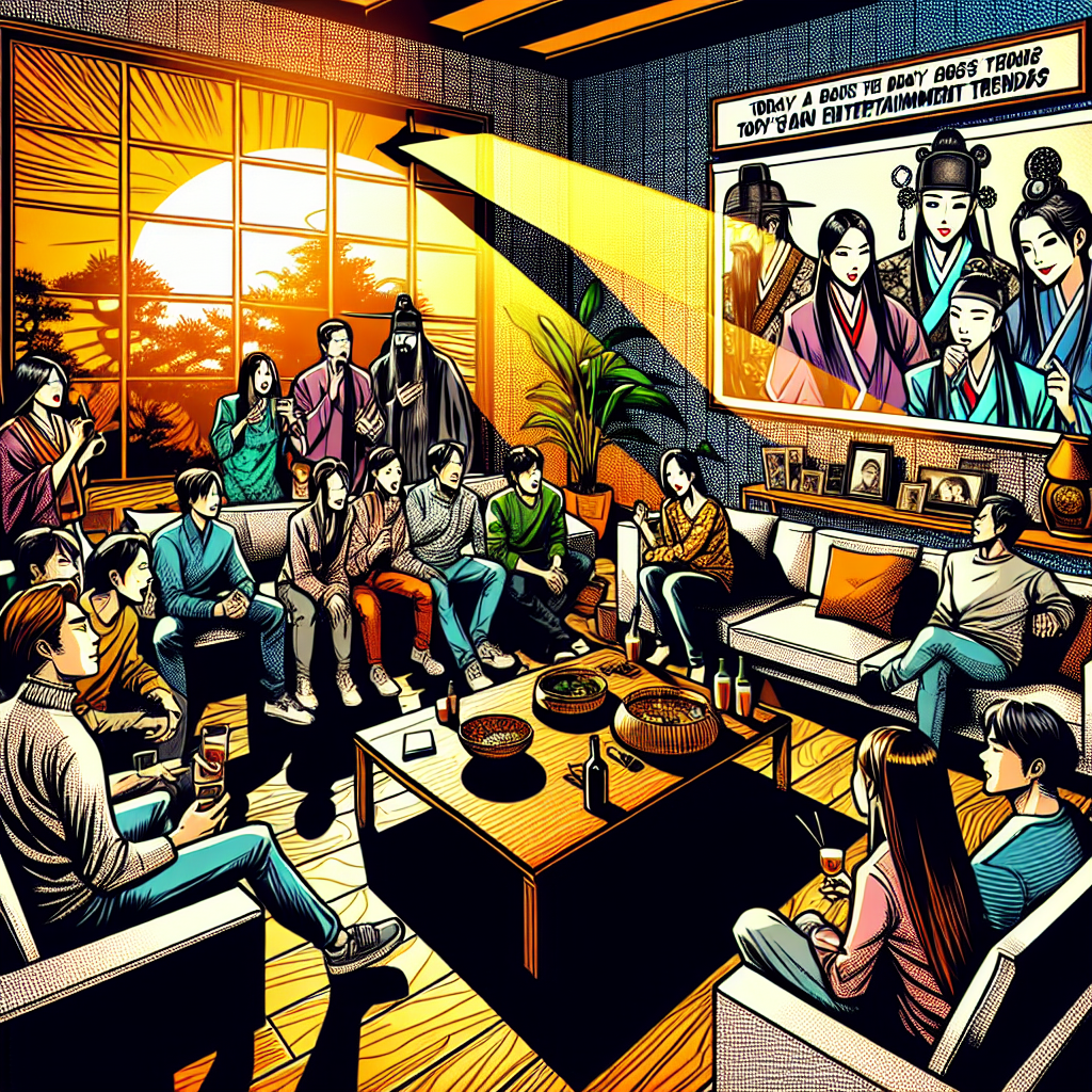 1990년대 미국 만화 잉크 스타일로 표현된 아침 뉴스 시청과 오늘 한국 연예 트렌드에 대해 토론하는 인물들의 따뜻한 거실 장면