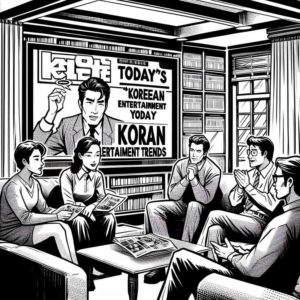 A warm living room scene depicting people watching morning news and discussing today's Korean entertainment trends in 1990s American comic ink style