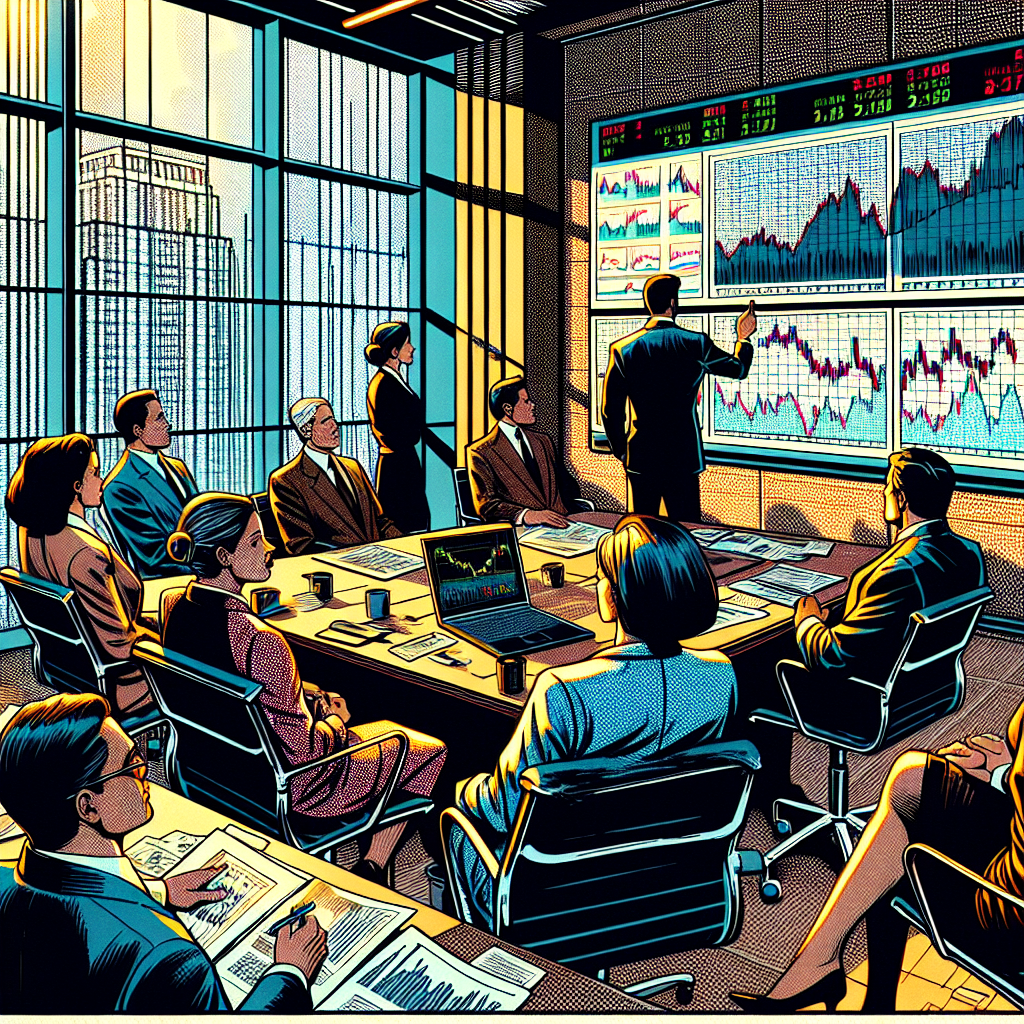 1990년대 미국 만화책 잉크 스타일로 그려진 증시 차트를 검토하고 비즈니스 협상을 하는 인물들의 모습. 강한 윤곽선과 교차 음영, 극적인 그림자, 역동적인 구도와 표정이 돋보이는 장면.