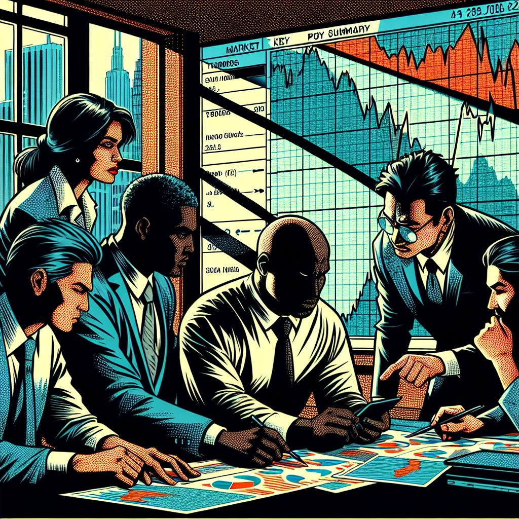 Characters reviewing stock charts and negotiating business deals illustrated in 1990s American comic-book ink style. The scene features strong outlines, cross-hatching, dramatic shadows, dynamic composition, and expressive faces.