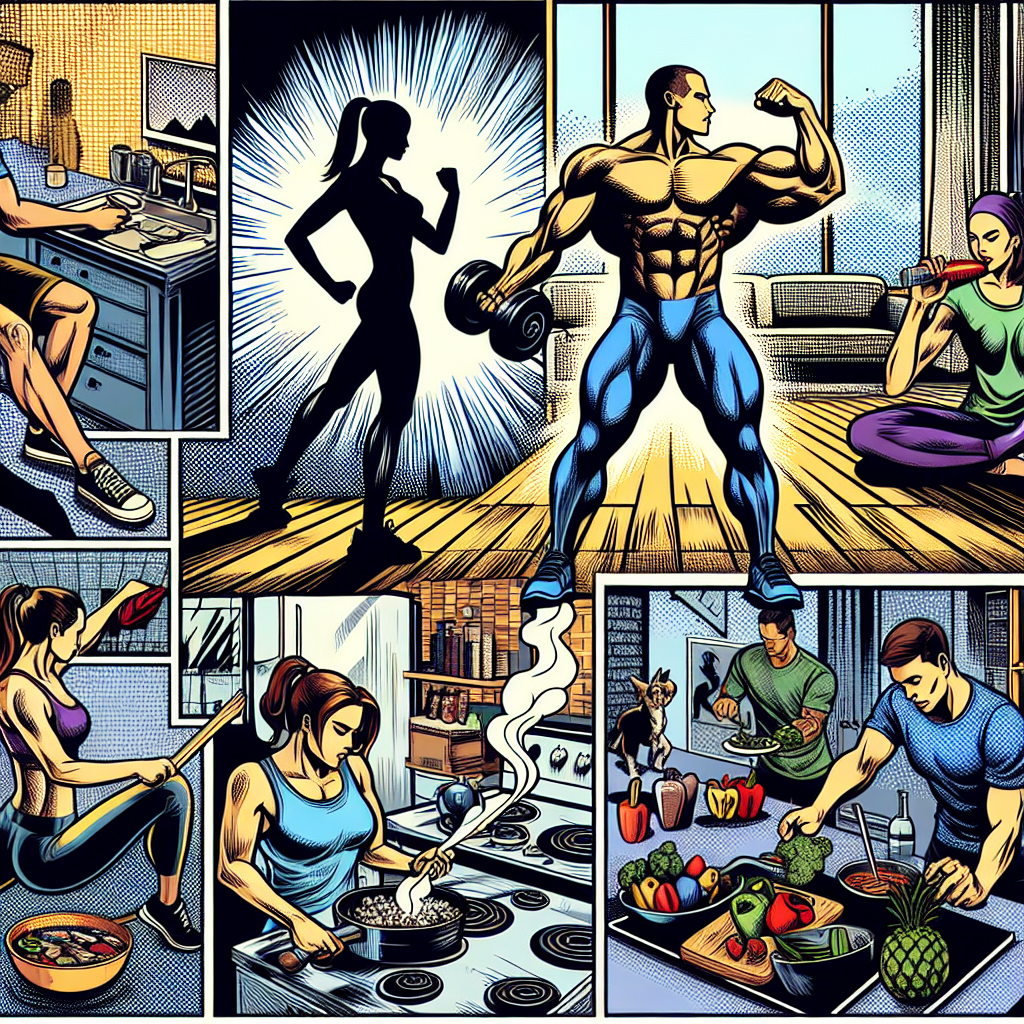 Dynamic and vivid depiction of people practicing a health routine in 1990s American comic-book ink style