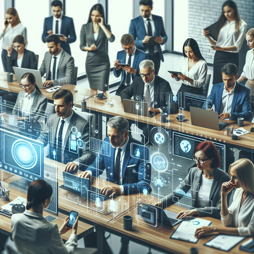 IT 기술 동향을 상징하는 디지털 기기와 AI 도구를 활용하는 현대 사무실 환경