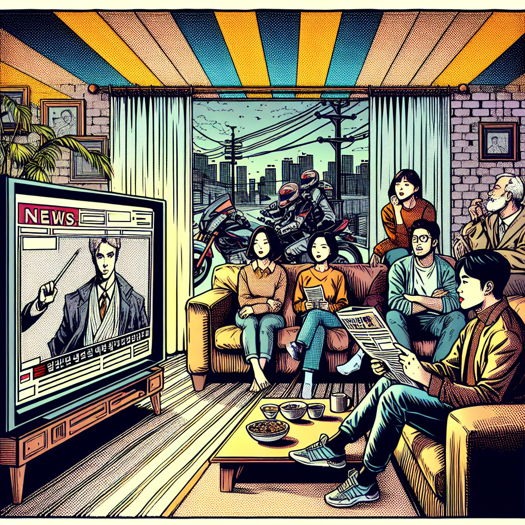 1990년대 미국 만화책 잉크 스타일로 그려진 아침 뉴스 시청과 오늘 한국 연예 트렌드를 토론하는 인물들의 모습