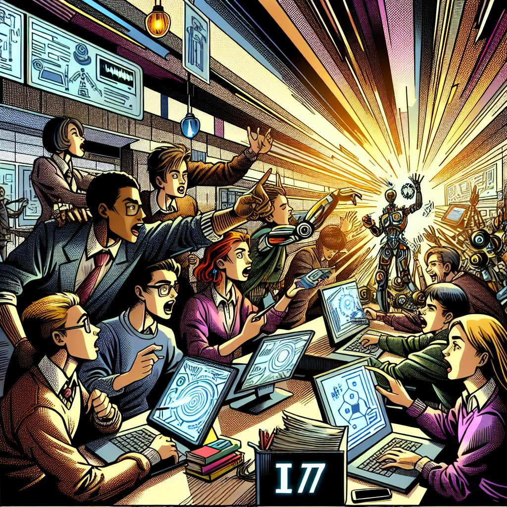 1990년대 미국 만화책 잉크 스타일 일러스트로, 현대 사무실이나 학교에서 컴퓨터와 태블릿, 기술 기기를 사용하는 인물들이 AI와 IT 기술 동향에 대해 토론하는 장면을 표현한 그림