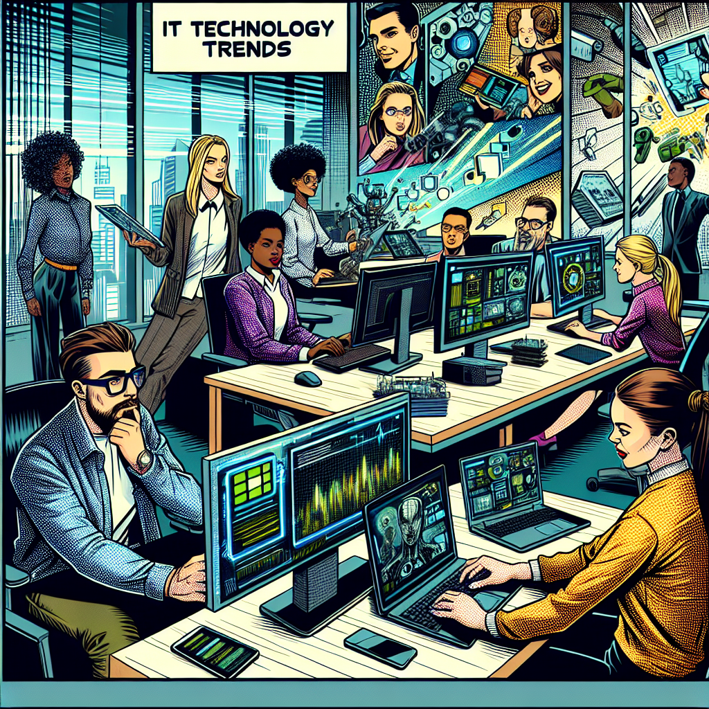 Illustration in 1990s American comic-book ink style depicting characters using computers, tablets, and tech devices in a modern office or school, discussing AI and IT technology trends.